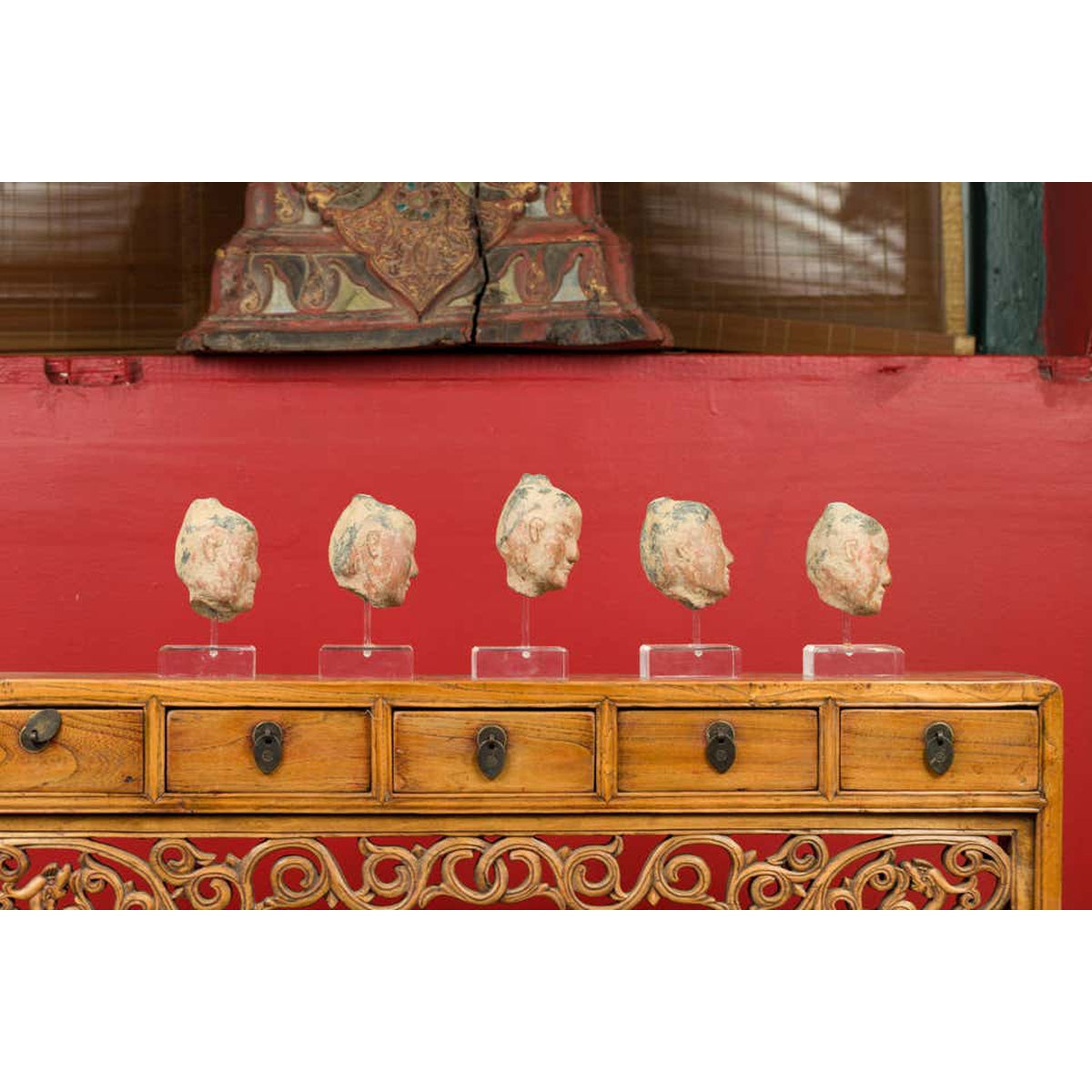 Set of Five Chinese Han Dynasty Terracotta Heads with Original Paint on Lucite-13. Asian & Chinese Furniture, Art, Antiques, Vintage Home Décor for sale at FEA Home