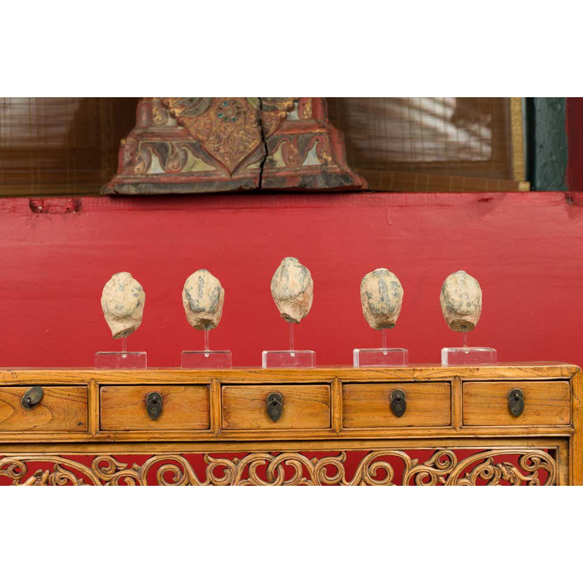 Set of Five Chinese Han Dynasty Terracotta Heads with Original Paint on Lucite-14. Asian & Chinese Furniture, Art, Antiques, Vintage Home Décor for sale at FEA Home