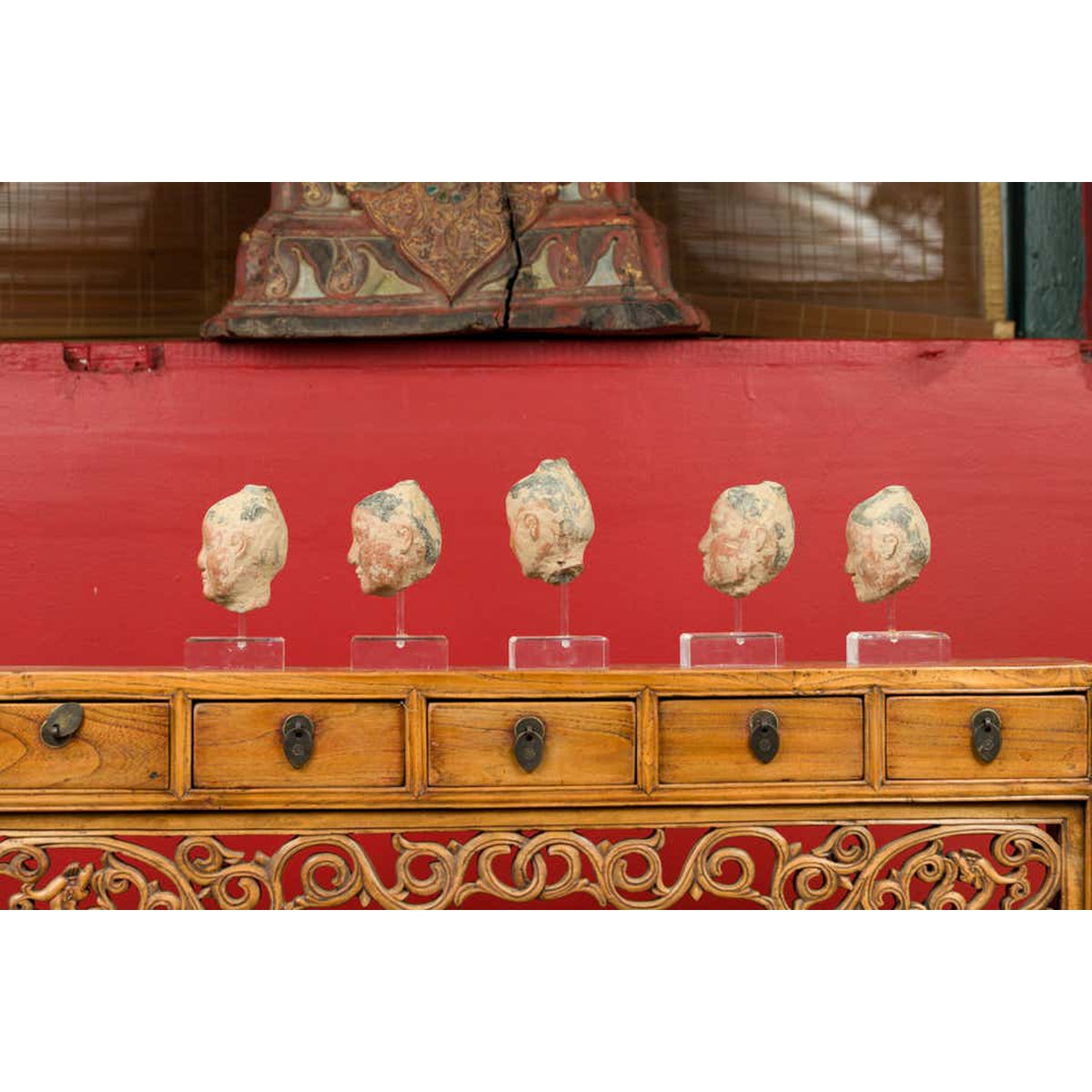 Set of Five Chinese Han Dynasty Terracotta Heads with Original Paint on Lucite-15. Asian & Chinese Furniture, Art, Antiques, Vintage Home Décor for sale at FEA Home