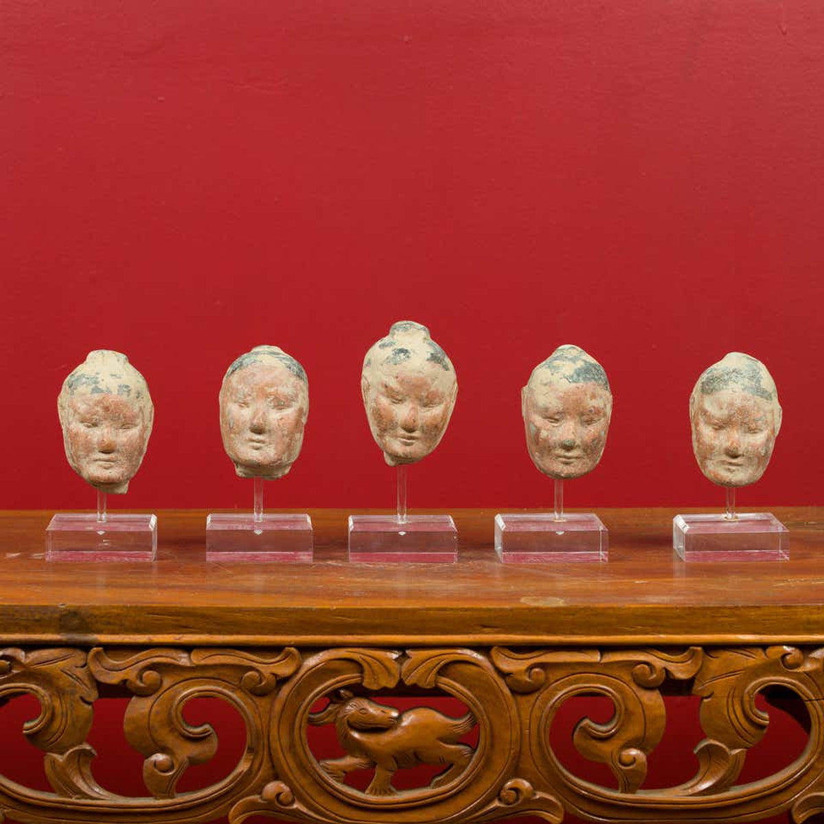 Set of Five Chinese Han Dynasty Terracotta Heads with Original Paint on Lucite-2. Asian & Chinese Furniture, Art, Antiques, Vintage Home Décor for sale at FEA Home