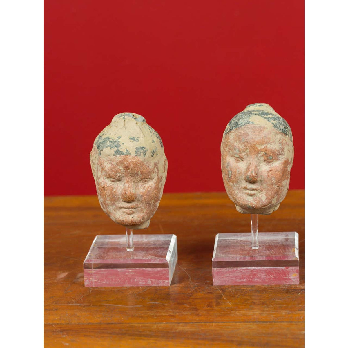 Set of Five Chinese Han Dynasty Terracotta Heads with Original Paint on Lucite-5. Asian & Chinese Furniture, Art, Antiques, Vintage Home Décor for sale at FEA Home