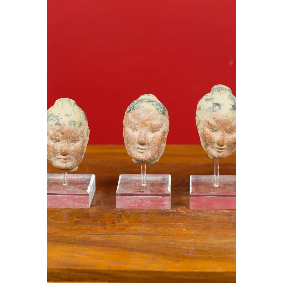 Set of Five Chinese Han Dynasty Terracotta Heads with Original Paint on Lucite-6. Asian & Chinese Furniture, Art, Antiques, Vintage Home Décor for sale at FEA Home
