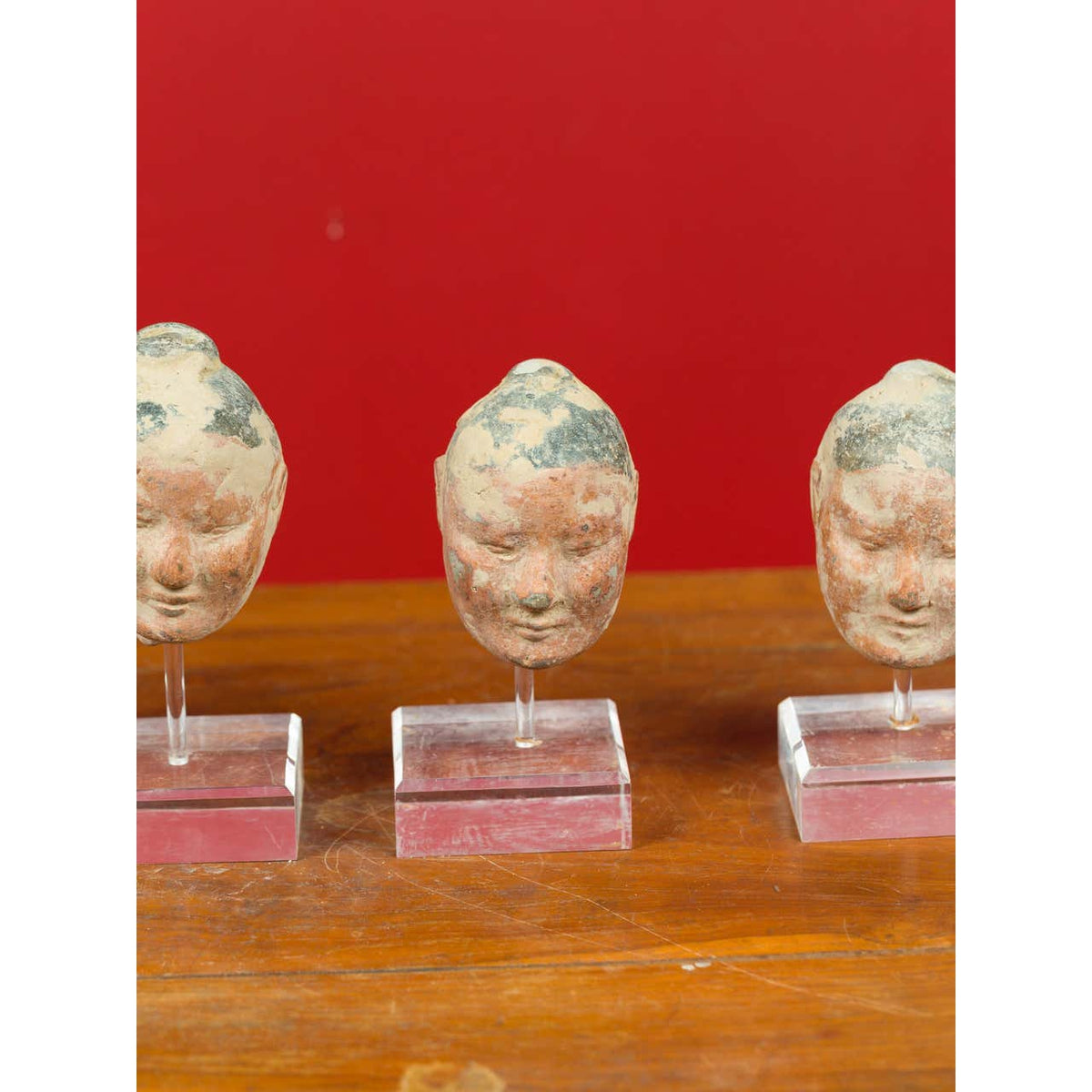 Set of Five Chinese Han Dynasty Terracotta Heads with Original Paint on Lucite-7. Asian & Chinese Furniture, Art, Antiques, Vintage Home Décor for sale at FEA Home