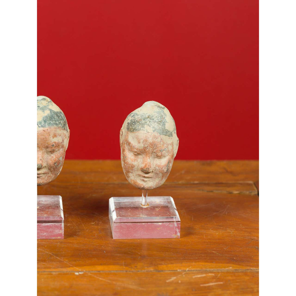 Set of Five Chinese Han Dynasty Terracotta Heads with Original Paint on Lucite-8. Asian & Chinese Furniture, Art, Antiques, Vintage Home Décor for sale at FEA Home