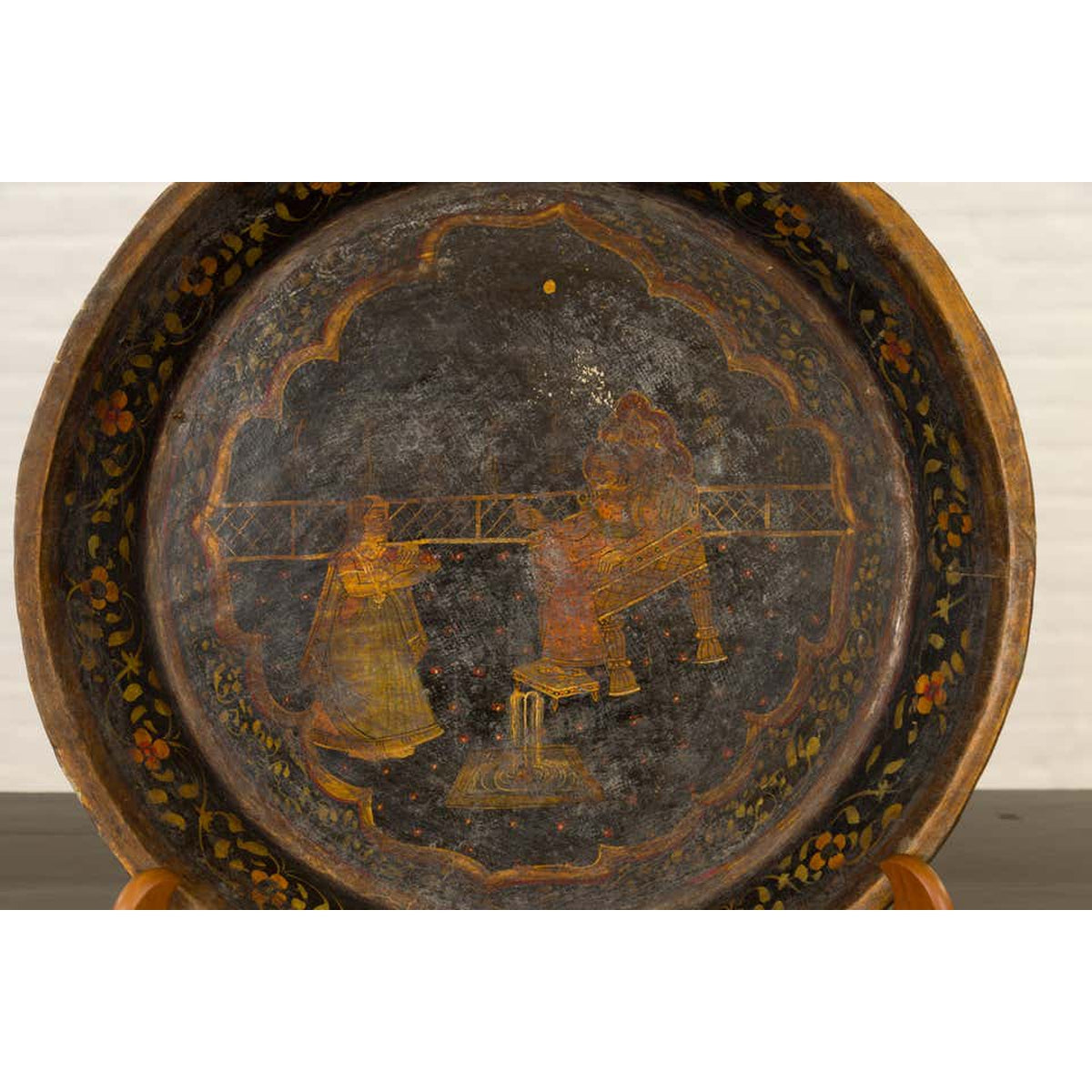 Antique Indian Market Tray with Mughal Inspired Hand Painted Décor-7. Asian & Chinese Furniture, Art, Antiques, Vintage Home Décor for sale at FEA Home