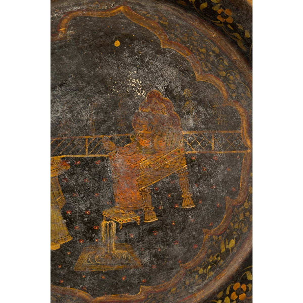 Antique Indian Market Tray with Mughal Inspired Hand Painted Décor-13. Asian & Chinese Furniture, Art, Antiques, Vintage Home Décor for sale at FEA Home