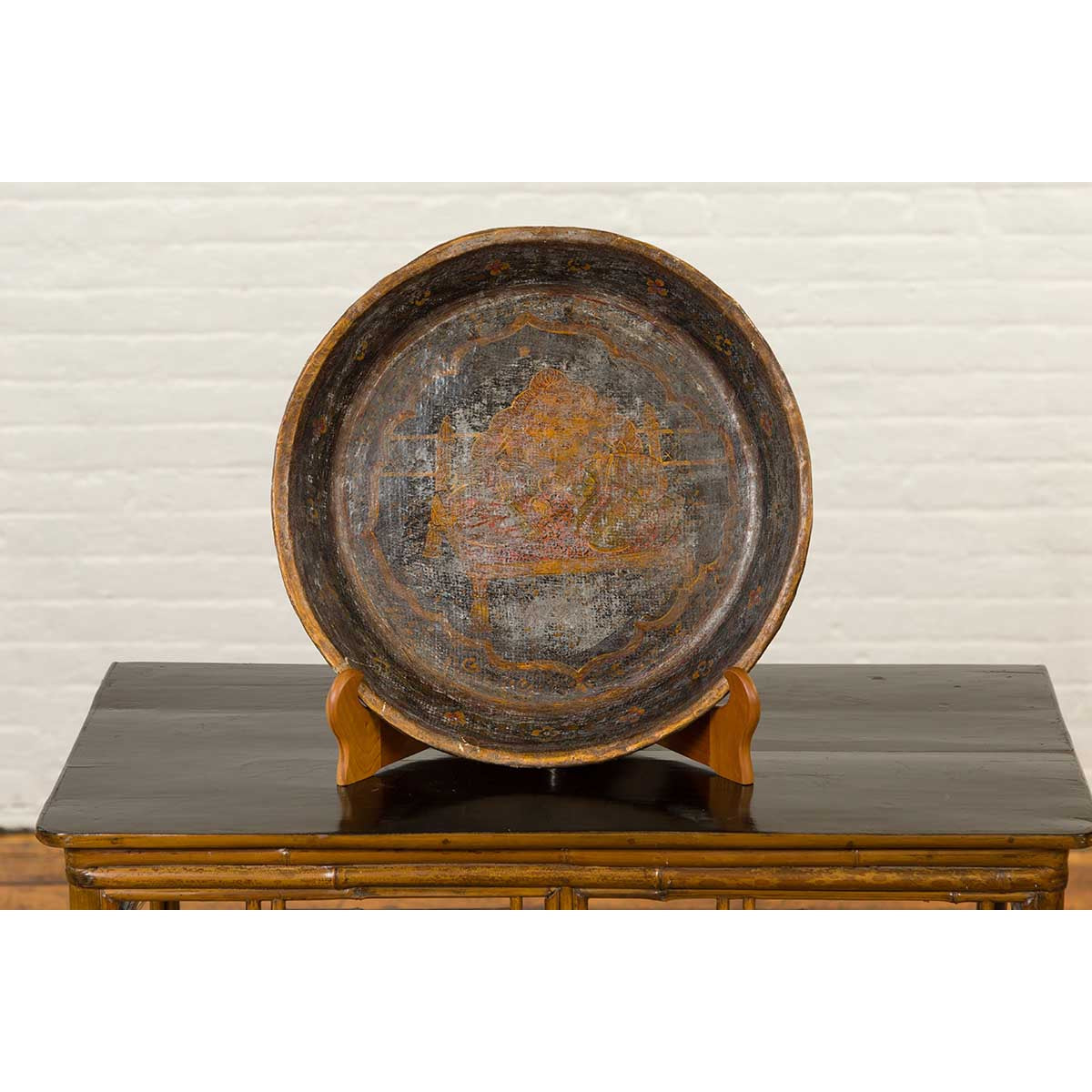 Antique Indian Market Tray with Mughal Inspired Hand Painted Décor-8. Asian & Chinese Furniture, Art, Antiques, Vintage Home Décor for sale at FEA Home