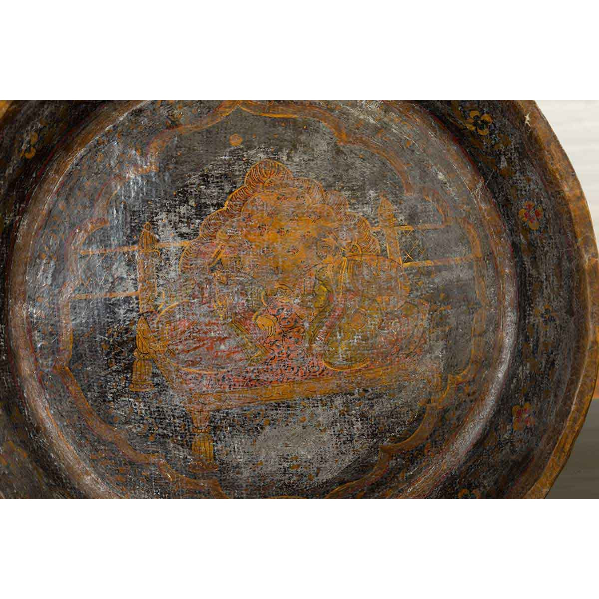 Antique Indian Market Tray with Mughal Inspired Hand Painted Décor-4. Asian & Chinese Furniture, Art, Antiques, Vintage Home Décor for sale at FEA Home
