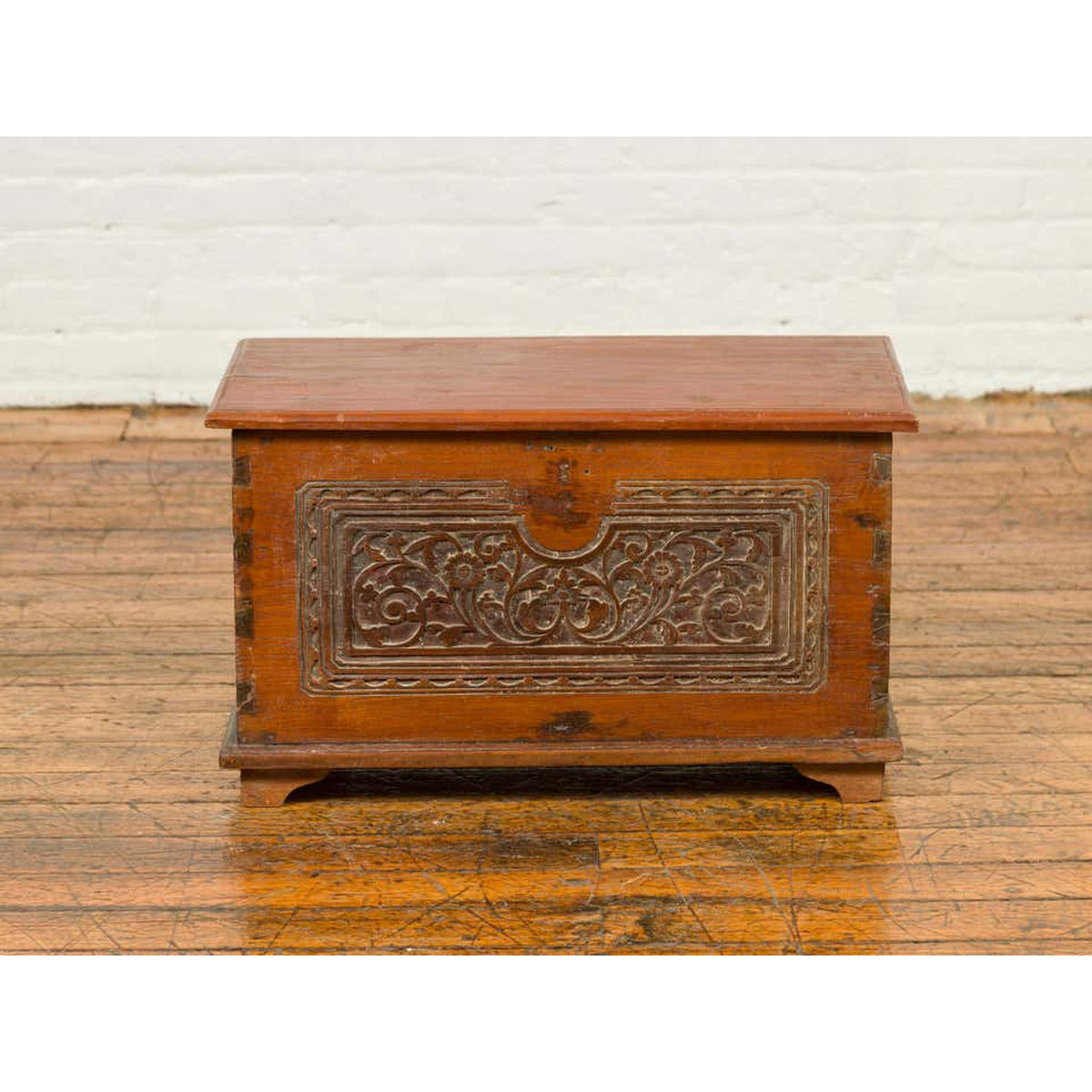 Indonesian Vintage Wooden Blanket Chest with Carved Foliage and Floral Motifs-4. Asian & Chinese Furniture, Art, Antiques, Vintage Home Décor for sale at FEA Home