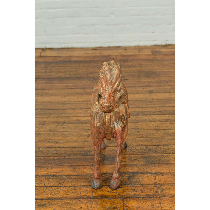 Small Vintage Indian Exterior Rust Colored and Carved Wooden Horse from Madras-YN6800-8. Asian & Chinese Furniture, Art, Antiques, Vintage Home Décor for sale at FEA Home