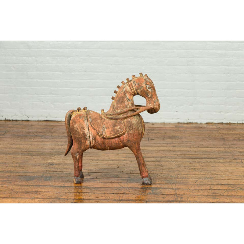 Small Vintage Indian Exterior Rust Colored and Carved Wooden Horse from Madras-YN6800-9. Asian & Chinese Furniture, Art, Antiques, Vintage Home Décor for sale at FEA Home