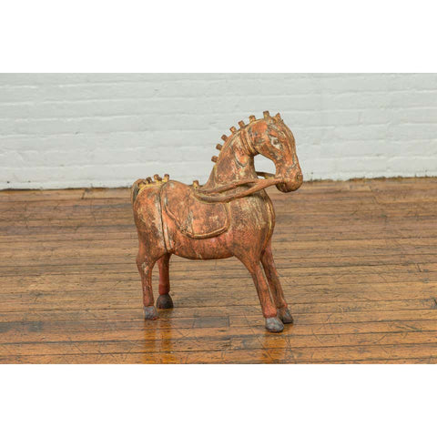 Small Vintage Indian Exterior Rust Colored and Carved Wooden Horse from Madras-YN6800-10. Asian & Chinese Furniture, Art, Antiques, Vintage Home Décor for sale at FEA Home