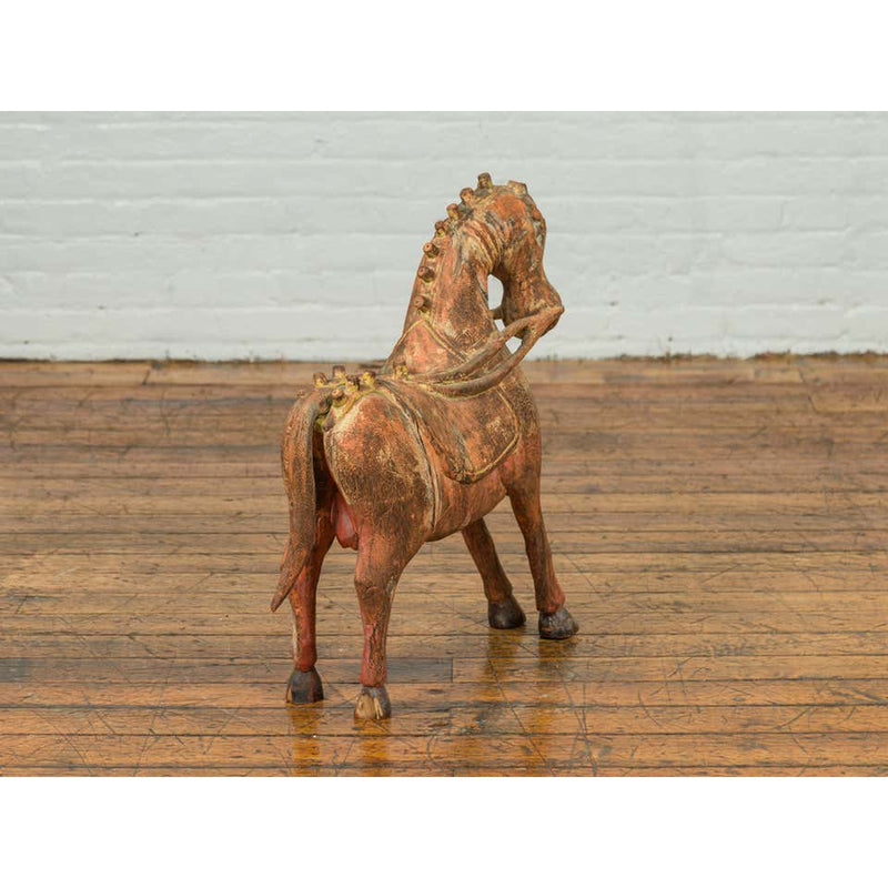 Small Vintage Indian Exterior Rust Colored and Carved Wooden Horse from Madras-YN6800-11. Asian & Chinese Furniture, Art, Antiques, Vintage Home Décor for sale at FEA Home