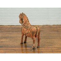 Small Vintage Indian Exterior Rust Colored and Carved Wooden Horse from Madras