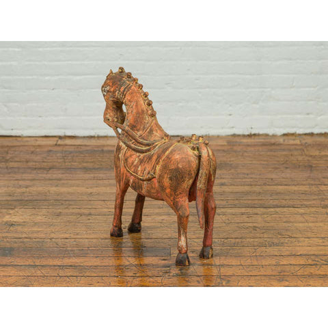 Small Vintage Indian Exterior Rust Colored and Carved Wooden Horse from Madras-YN6800-12. Asian & Chinese Furniture, Art, Antiques, Vintage Home Décor for sale at FEA Home