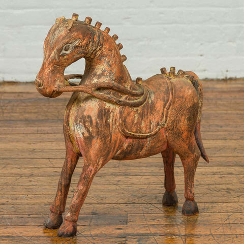 Small Vintage Indian Exterior Rust Colored and Carved Wooden Horse from Madras-YN6800-2. Asian & Chinese Furniture, Art, Antiques, Vintage Home Décor for sale at FEA Home