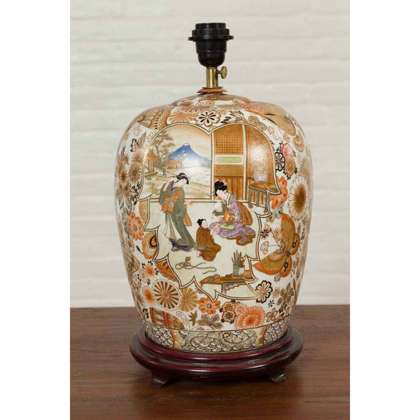 Vintage Japanese Kutani Lamp with Rosewood Base