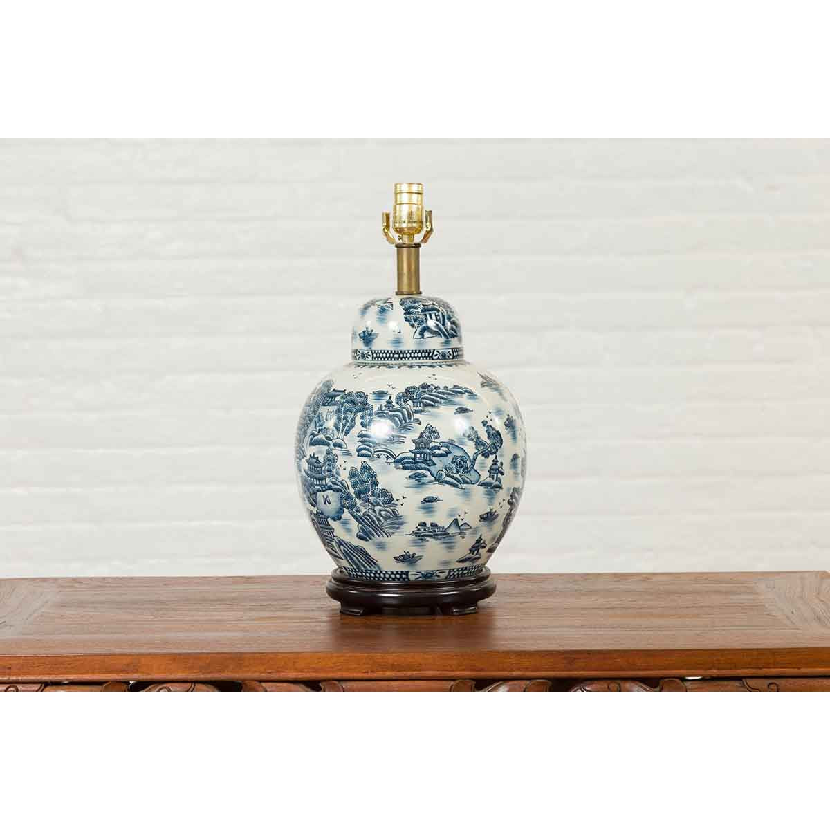Vintage Chinese Blue and white Porcelain Lamp with Architectures and Landscapes-10. Asian & Chinese Furniture, Art, Antiques, Vintage Home Décor for sale at FEA Home