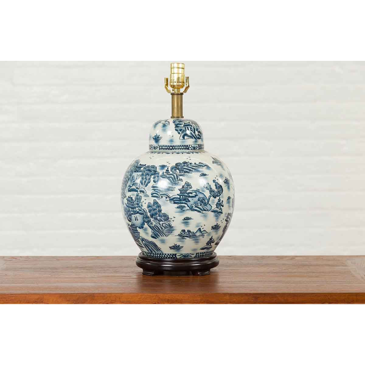 Vintage Chinese Blue and white Porcelain Lamp with Architectures and Landscapes-11. Asian & Chinese Furniture, Art, Antiques, Vintage Home Décor for sale at FEA Home