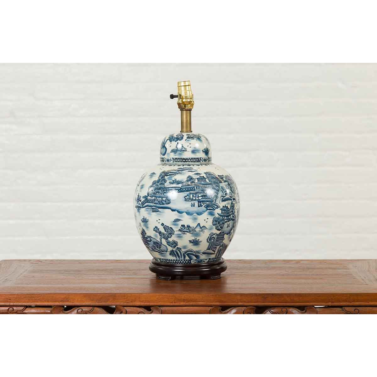 Vintage Chinese Blue and white Porcelain Lamp with Architectures and Landscapes-12. Asian & Chinese Furniture, Art, Antiques, Vintage Home Décor for sale at FEA Home