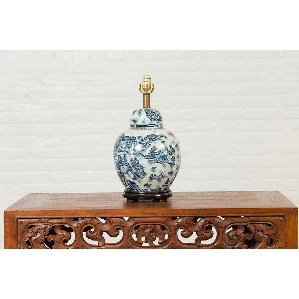 Vintage Chinese Blue and white Porcelain Lamp with Architectures and Landscapes-4. Asian & Chinese Furniture, Art, Antiques, Vintage Home Décor for sale at FEA Home