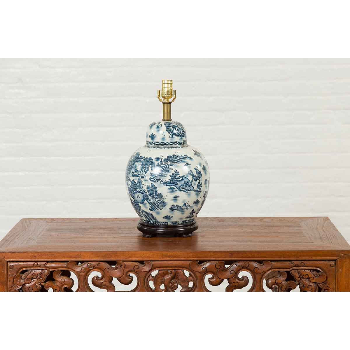 Vintage Chinese Blue and white Porcelain Lamp with Architectures and Landscapes-5. Asian & Chinese Furniture, Art, Antiques, Vintage Home Décor for sale at FEA Home