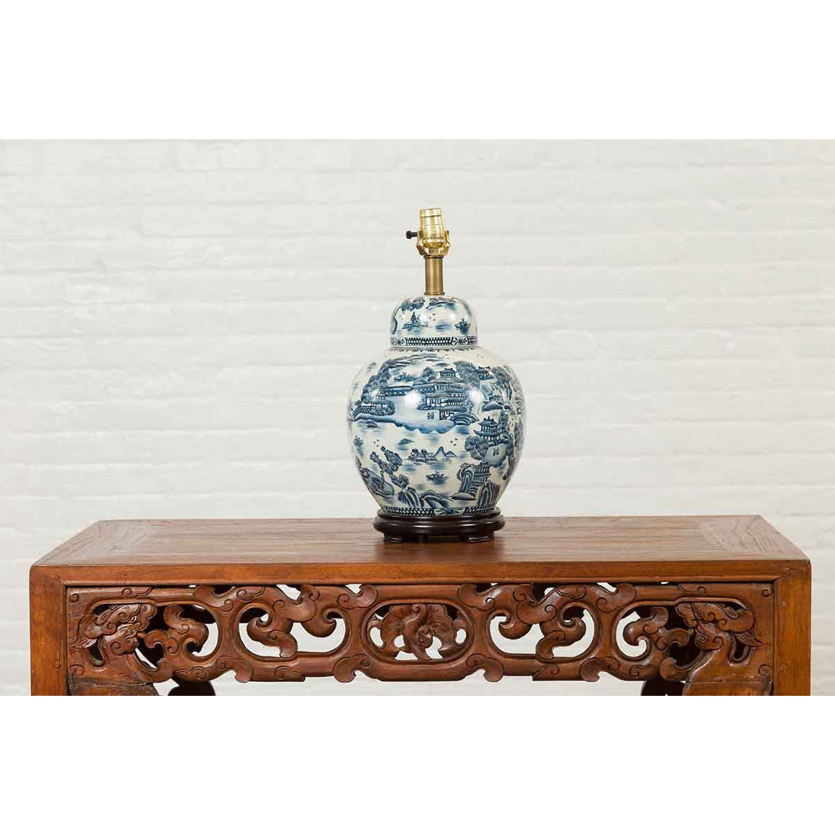 Vintage Chinese Blue and white Porcelain Lamp with Architectures and Landscapes-8. Asian & Chinese Furniture, Art, Antiques, Vintage Home Décor for sale at FEA Home