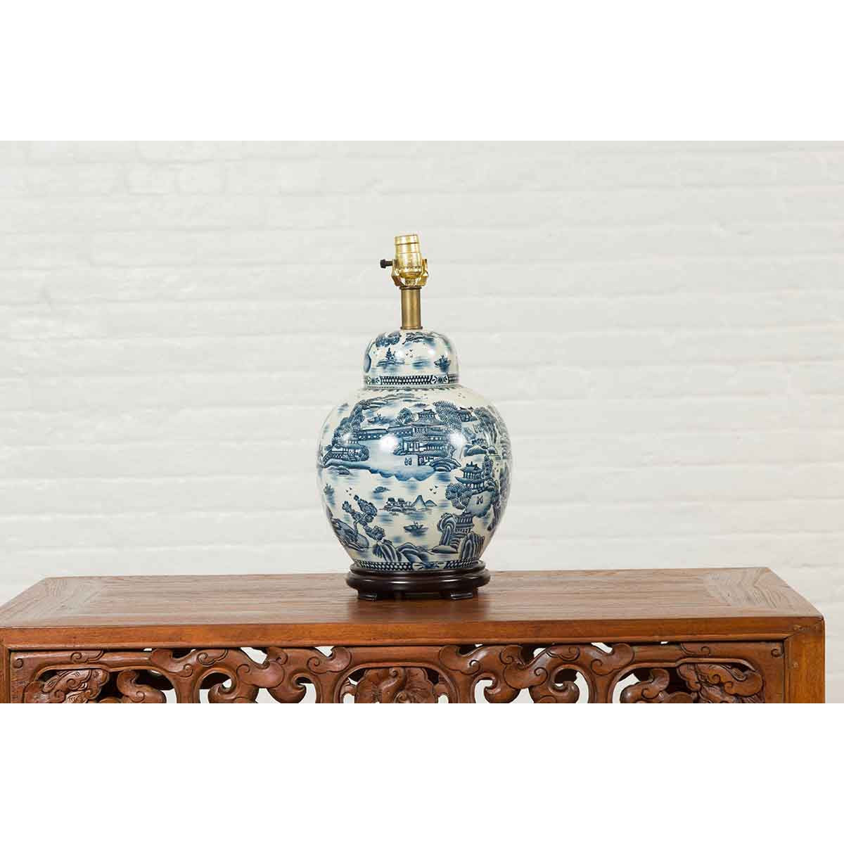 Vintage Chinese Blue and white Porcelain Lamp with Architectures and Landscapes-9. Asian & Chinese Furniture, Art, Antiques, Vintage Home Décor for sale at FEA Home
