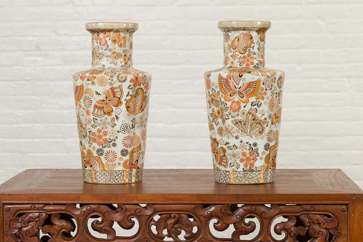 Pair of Chinese Vintage Japanese Kutani Style Vases with Flowers and Butterflies-2. Asian & Chinese Furniture, Art, Antiques, Vintage Home Décor for sale at FEA Home
