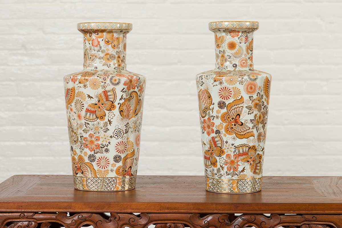 Pair of Chinese Vintage Japanese Kutani Style Vases with Flowers and Butterflies-7. Asian & Chinese Furniture, Art, Antiques, Vintage Home Décor for sale at FEA Home