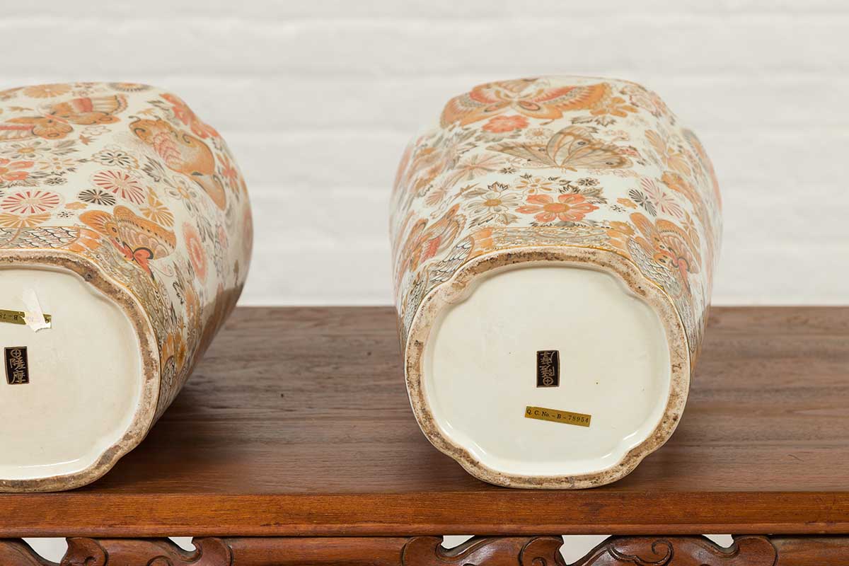 Pair of Chinese Vintage Japanese Kutani Style Vases with Flowers and Butterflies-8. Asian & Chinese Furniture, Art, Antiques, Vintage Home Décor for sale at FEA Home
