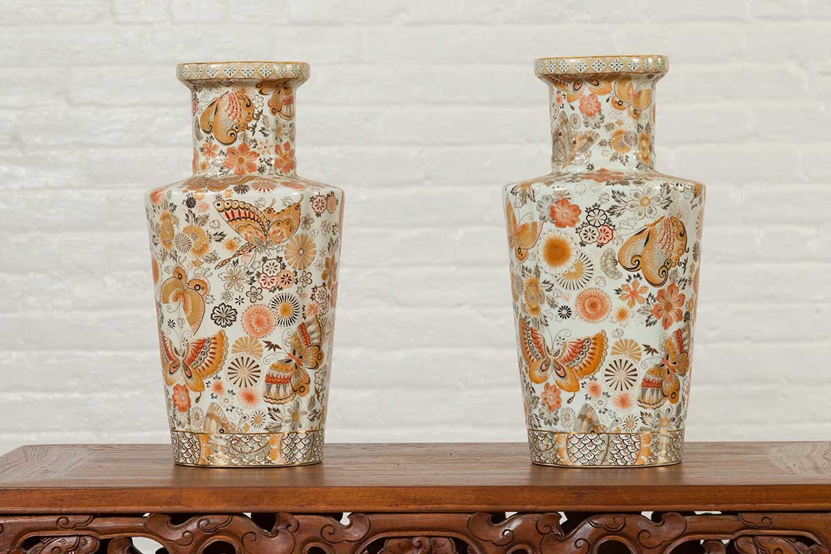 Pair of Chinese Vintage Japanese Kutani Style Vases with Flowers and Butterflies-3. Asian & Chinese Furniture, Art, Antiques, Vintage Home Décor for sale at FEA Home