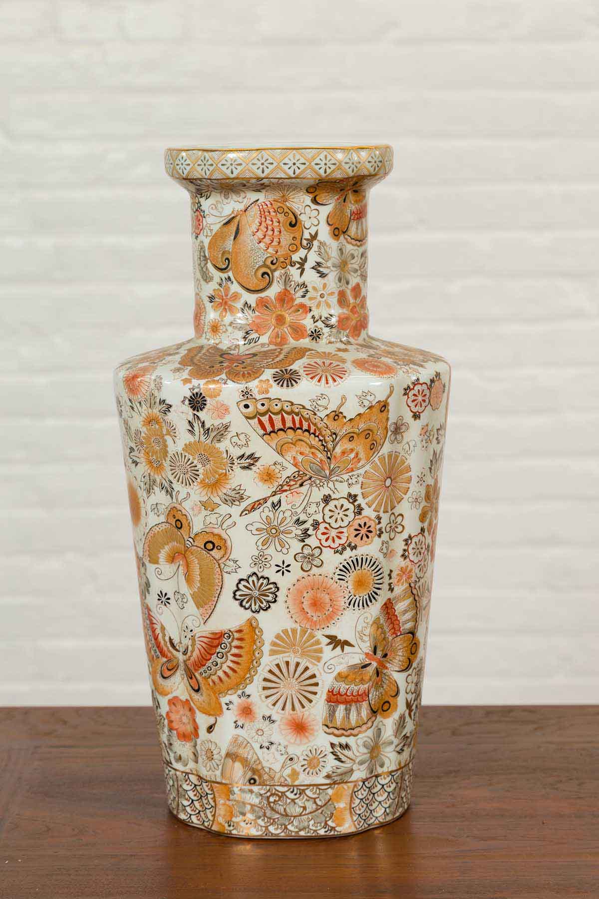 Pair of Chinese Vintage Japanese Kutani Style Vases with Flowers and Butterflies-10. Asian & Chinese Furniture, Art, Antiques, Vintage Home Décor for sale at FEA Home