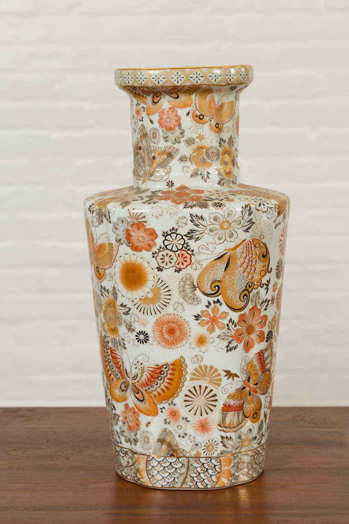 Pair of Chinese Vintage Japanese Kutani Style Vases with Flowers and Butterflies-11. Asian & Chinese Furniture, Art, Antiques, Vintage Home Décor for sale at FEA Home