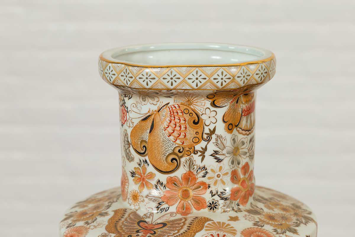 Pair of Chinese Vintage Japanese Kutani Style Vases with Flowers and Butterflies-5. Asian & Chinese Furniture, Art, Antiques, Vintage Home Décor for sale at FEA Home