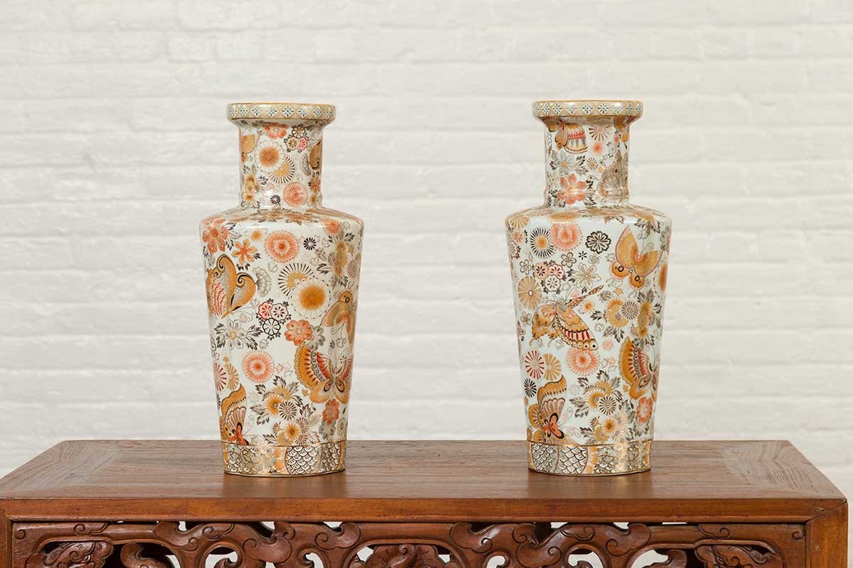 Pair of Chinese Vintage Japanese Kutani Style Vases with Flowers and Butterflies-6. Asian & Chinese Furniture, Art, Antiques, Vintage Home Décor for sale at FEA Home