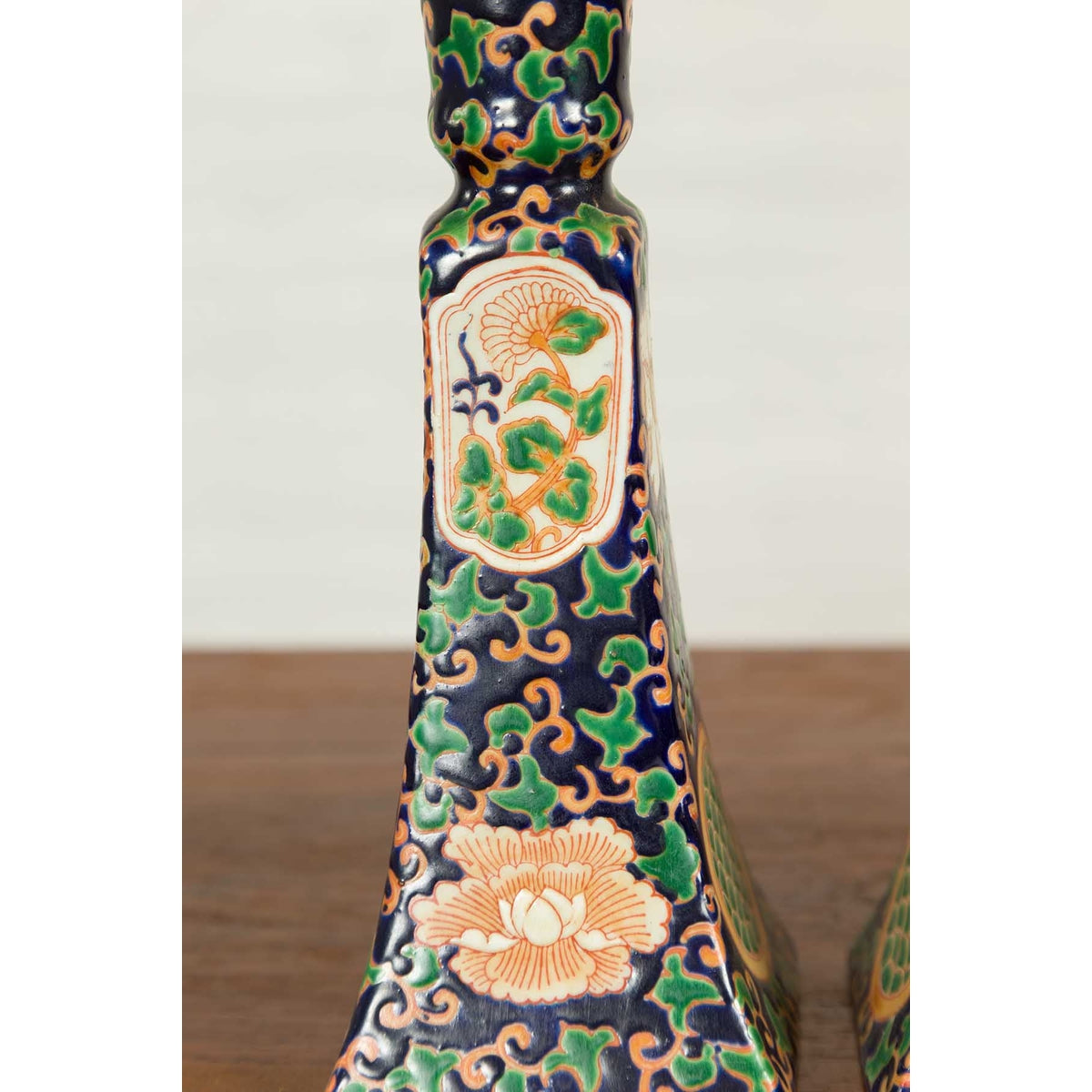 Pair of Chinese Hand Painted Candlesticks with Cobalt Blue Ground and Cartouches-7. Asian & Chinese Furniture, Art, Antiques, Vintage Home Décor for sale at FEA Home