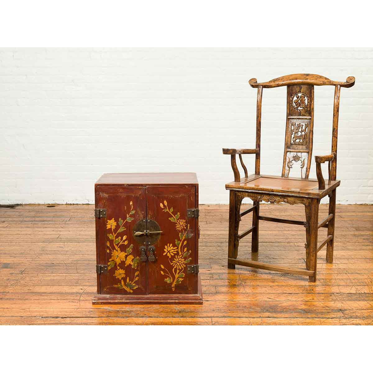 Chinese Qing Dynasty 19th Century Side Cabinet with Painted Floral Decor-14. Asian & Chinese Furniture, Art, Antiques, Vintage Home Décor for sale at FEA Home