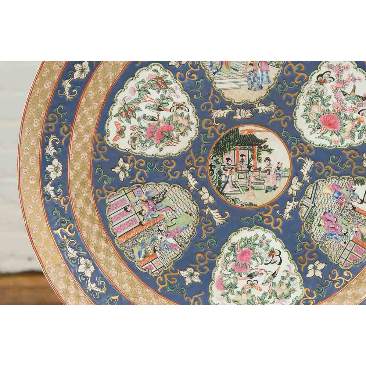 Large Chinese Rose Medallion Hand Painted Porcelain Platter with Court Scenes-8. Asian & Chinese Furniture, Art, Antiques, Vintage Home Décor for sale at FEA Home