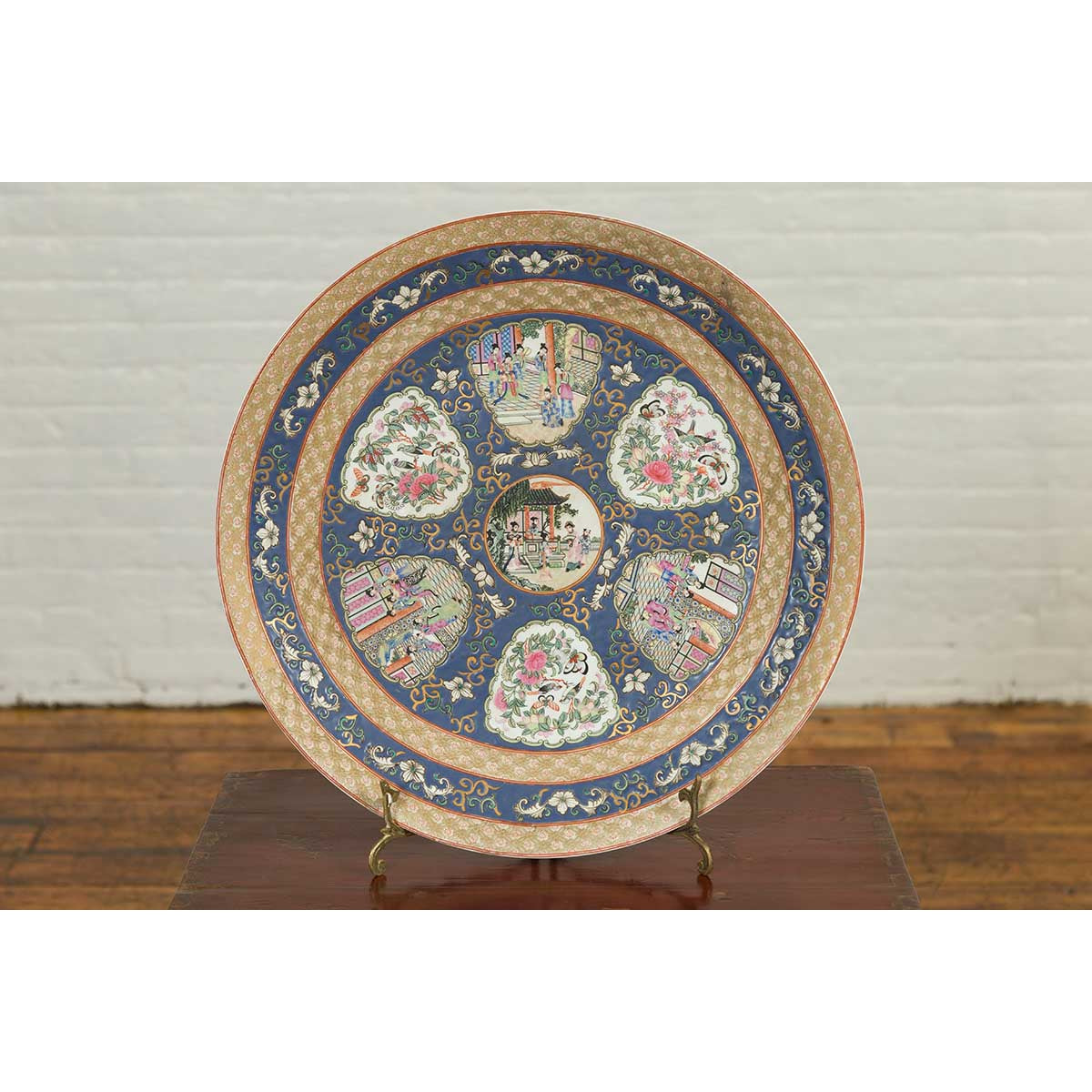 Large Chinese Rose Medallion Hand Painted Porcelain Platter with Court Scenes-9. Asian & Chinese Furniture, Art, Antiques, Vintage Home Décor for sale at FEA Home
