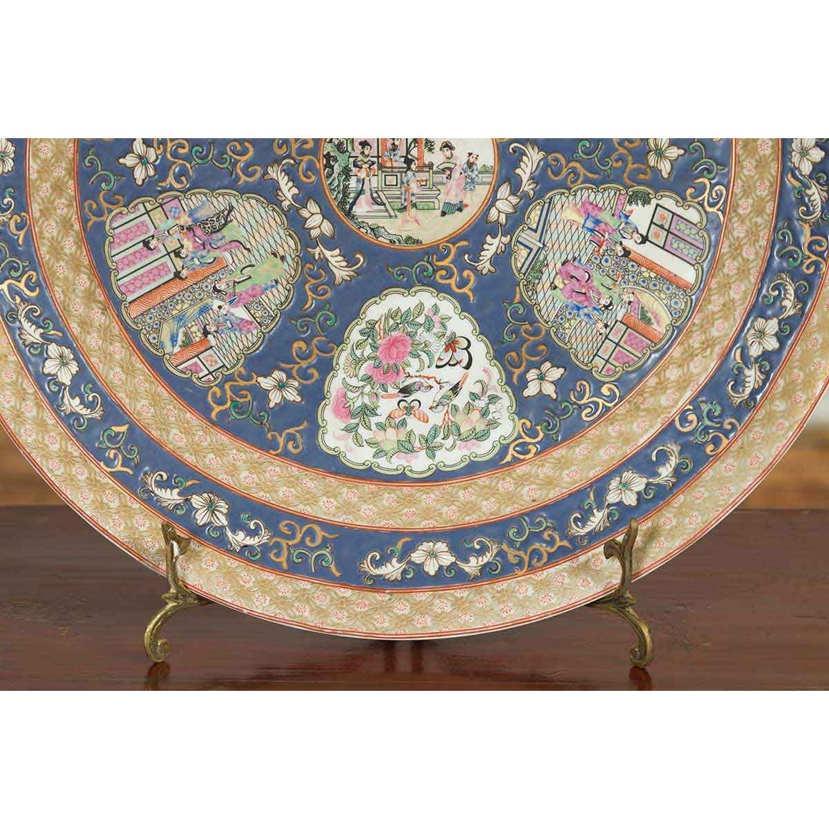 Large Chinese Rose Medallion Hand Painted Porcelain Platter with Court Scenes-10. Asian & Chinese Furniture, Art, Antiques, Vintage Home Décor for sale at FEA Home