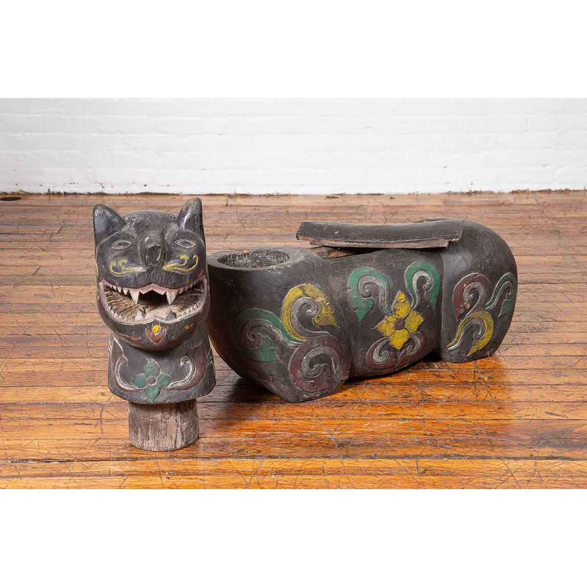 Antique Northern Thai Chiang Mai Carved and Polychrome Mythical Guardian Animal-10. Asian & Chinese Furniture, Art, Antiques, Vintage Home Décor for sale at FEA Home
