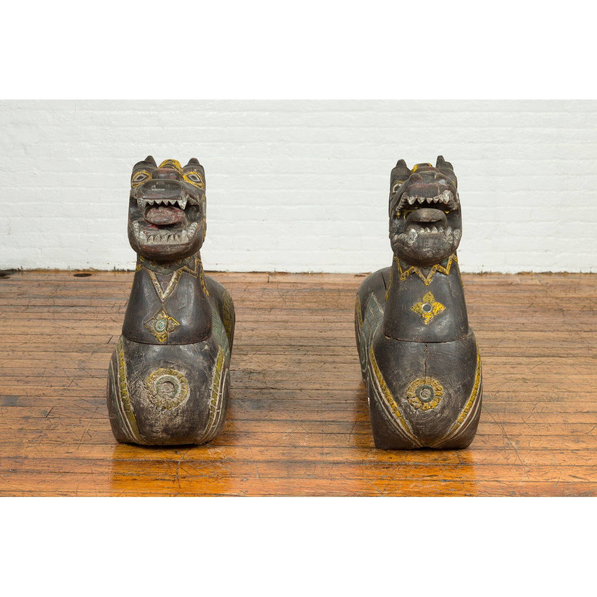Pair of Antique Northern Thai Carved and Polychrome Mythical Guardian Animals-6. Asian & Chinese Furniture, Art, Antiques, Vintage Home Décor for sale at FEA Home