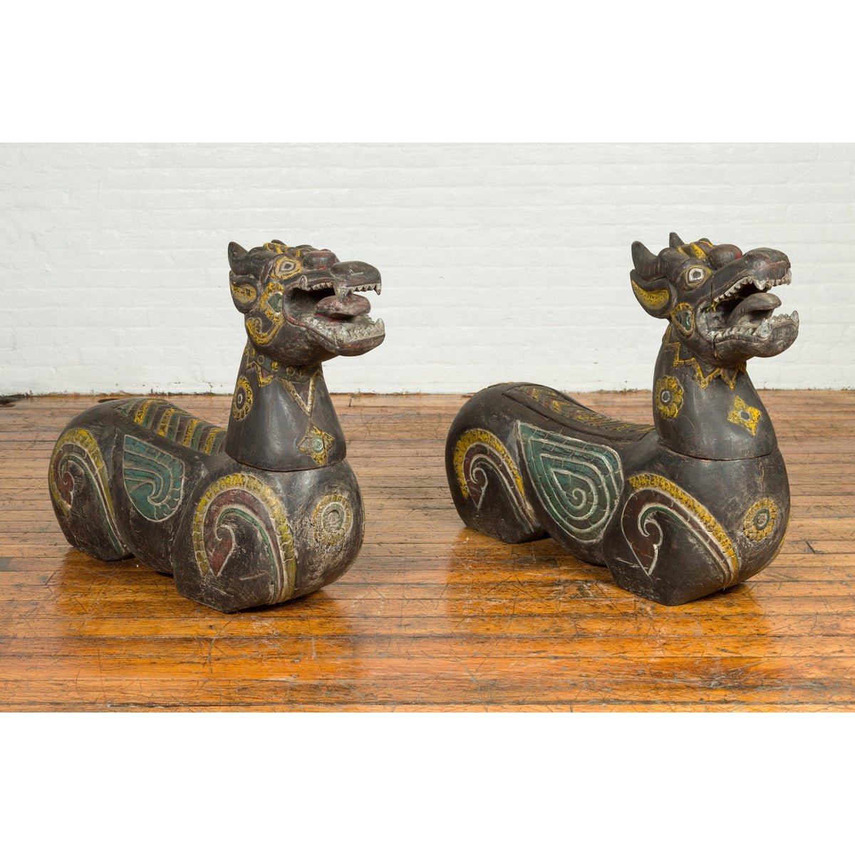 Pair of Antique Northern Thai Carved and Polychrome Mythical Guardian Animals-7. Asian & Chinese Furniture, Art, Antiques, Vintage Home Décor for sale at FEA Home