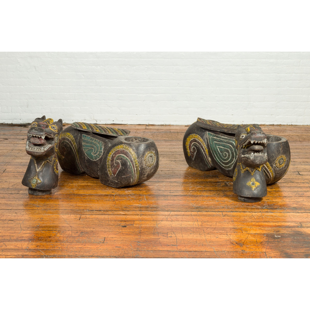 Pair of Antique Northern Thai Carved and Polychrome Mythical Guardian Animals-8. Asian & Chinese Furniture, Art, Antiques, Vintage Home Décor for sale at FEA Home
