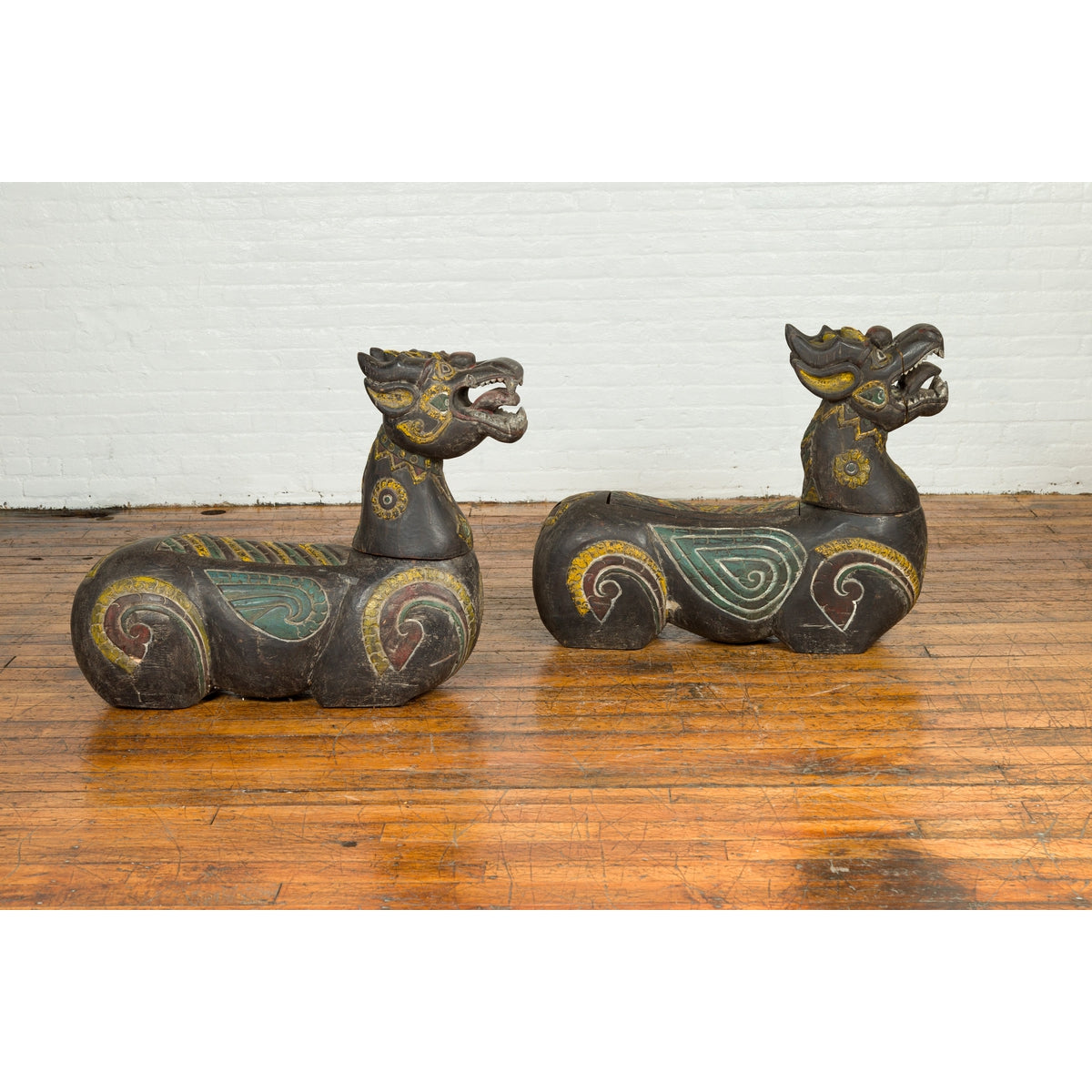 Pair of Antique Northern Thai Carved and Polychrome Mythical Guardian Animals-9. Asian & Chinese Furniture, Art, Antiques, Vintage Home Décor for sale at FEA Home