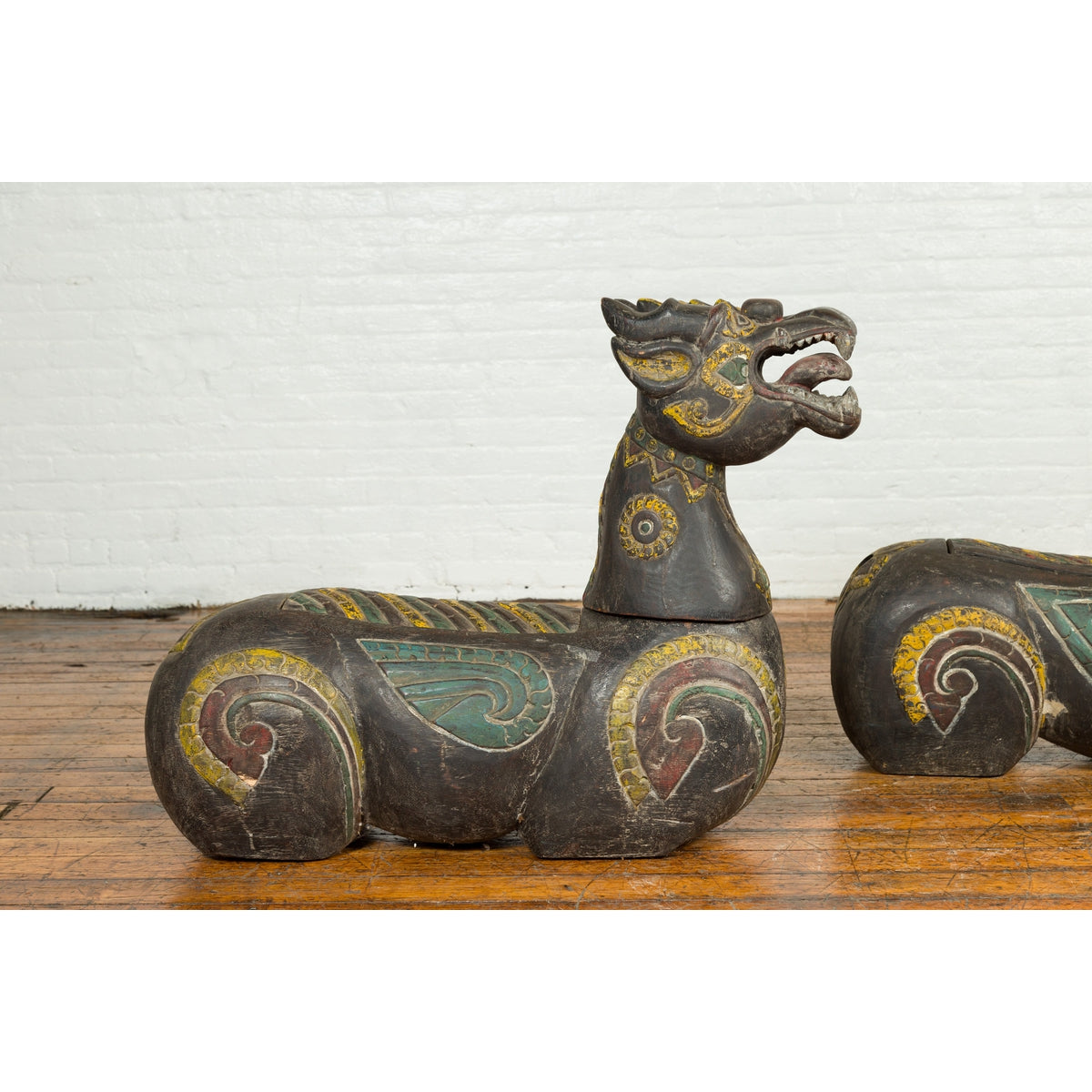 Pair of Antique Northern Thai Carved and Polychrome Mythical Guardian Animals-10. Asian & Chinese Furniture, Art, Antiques, Vintage Home Décor for sale at FEA Home