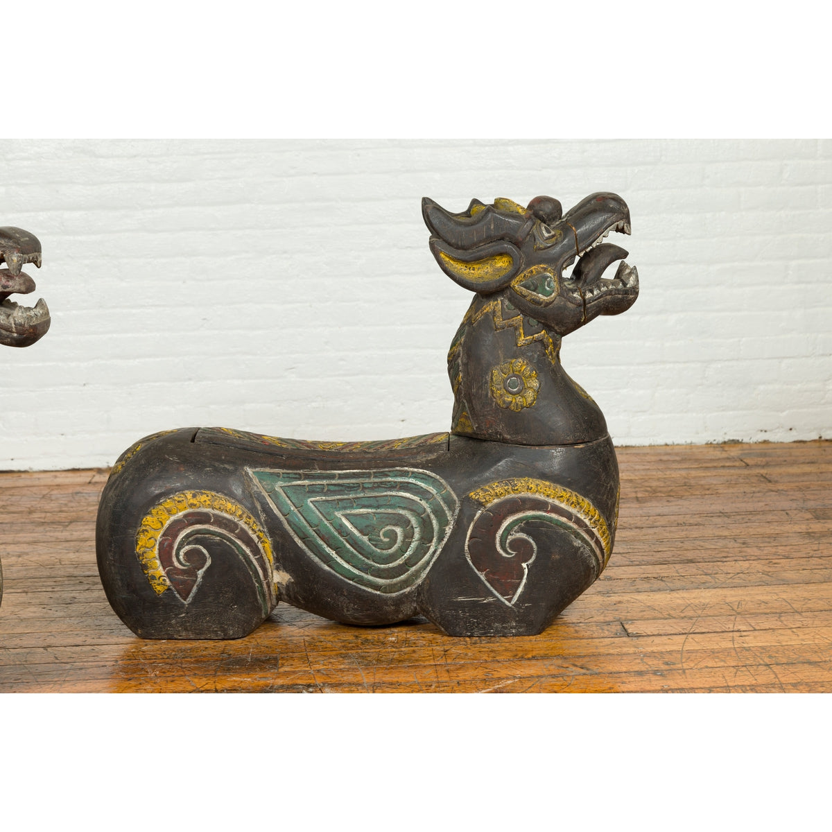 Pair of Antique Northern Thai Carved and Polychrome Mythical Guardian Animals-11. Asian & Chinese Furniture, Art, Antiques, Vintage Home Décor for sale at FEA Home