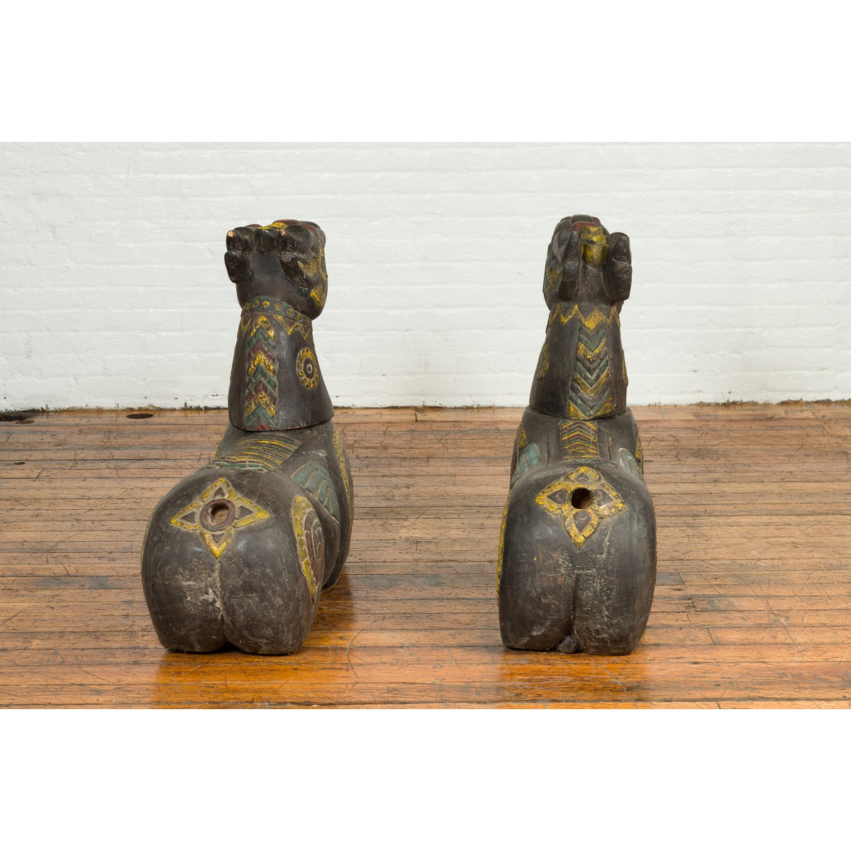 Pair of Antique Northern Thai Carved and Polychrome Mythical Guardian Animals-12. Asian & Chinese Furniture, Art, Antiques, Vintage Home Décor for sale at FEA Home