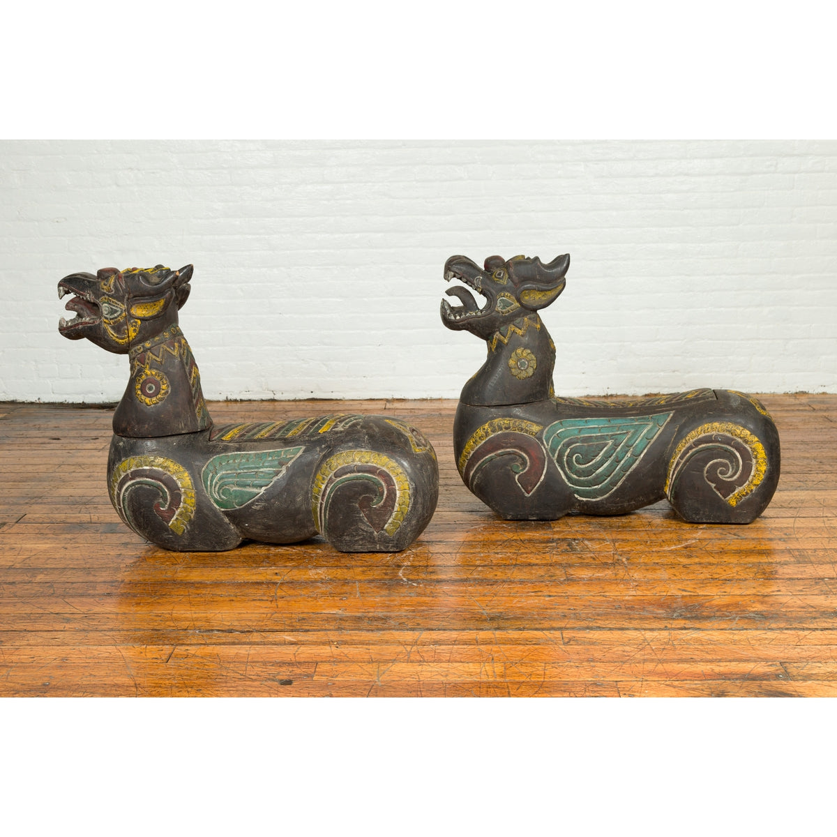 Pair of Antique Northern Thai Carved and Polychrome Mythical Guardian Animals-16. Asian & Chinese Furniture, Art, Antiques, Vintage Home Décor for sale at FEA Home